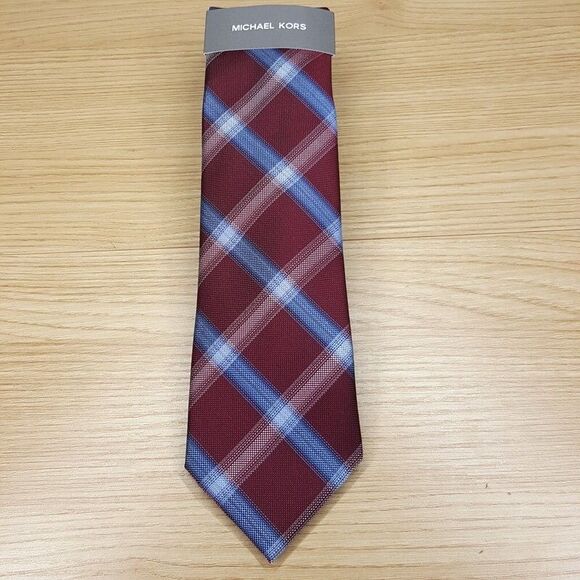 MICHAEL KORS Mens Neck Tie Burgundy Plaid Check Stripe Classic Silk Blend - Picture 1 of 4